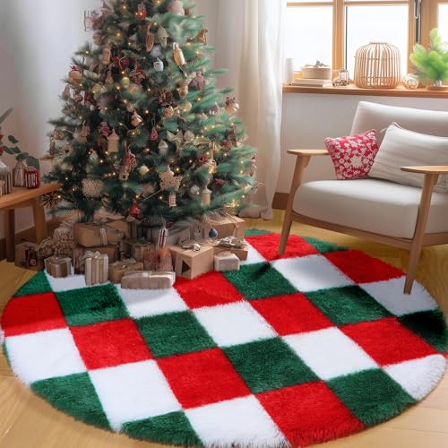 Image of KICMOR Round Christmas Rug 4ft Red Green White Circle Area Rug, Fluffy Soft Fuzzy Shag Shaggy Bedroom Living Room Carpet, Indoor Checkered Circular Rugs for Kids Boys Girls Home Decor Aesthetic