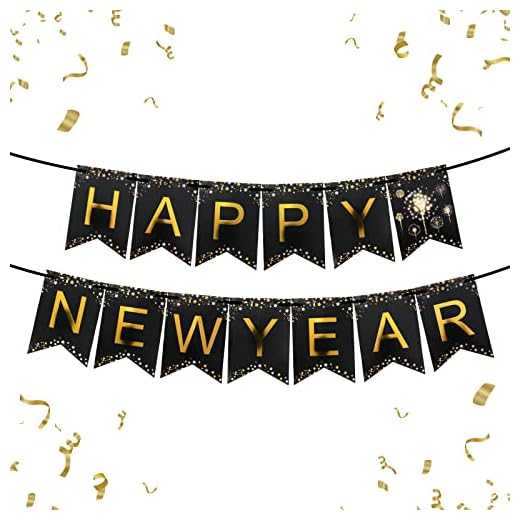 Grevosea Año Nuevo 2023,Feliz Año Nuevo 2023,Feliz Año Nuevo Cadena de banderines negros con alfabeto de oro para la decoración de la fiesta de Nochevieja Feliz Año Nuevo Decoración 5m