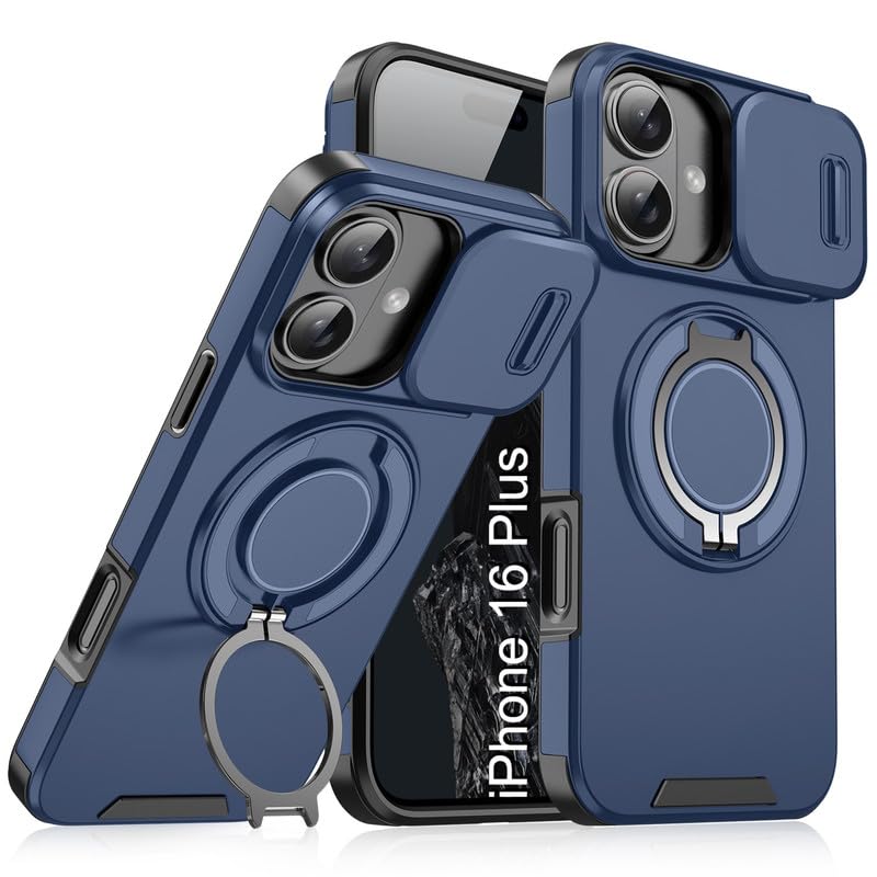 Image of LuxuryKase Shockproof Rugged Case for iPhone 16 Plus | Slide Camera Cover | 360 Rotating Ring Kickstand | Military-Grade Protection - Navy Blue