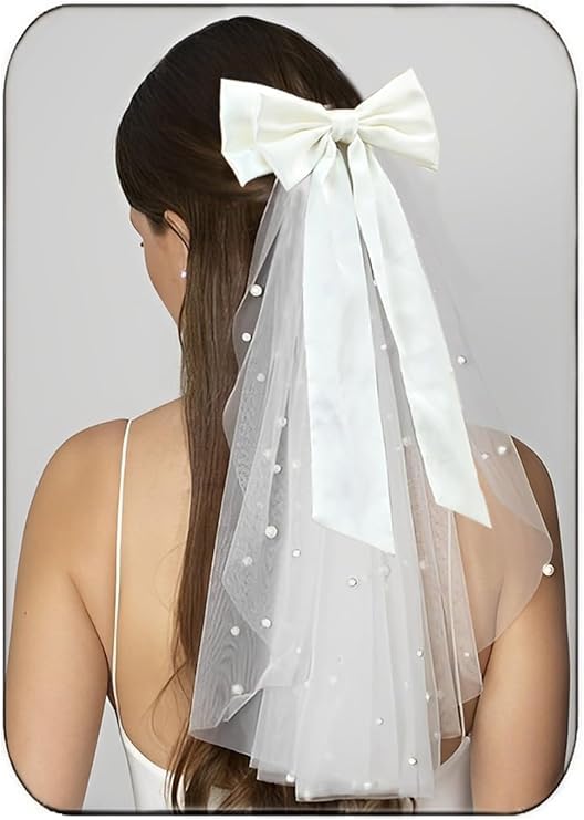 Shidara 1 Pcs Luxury Bride Wedding Bow Knot Veil White Tulle Hair Clip Bridal Pearl Short Veils Bachelorette Party Hair Accessories for Women