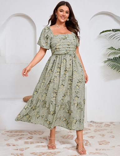Image of ShopWonder Women Plus Size Dress Short Sleeve Square Neck Floral Maxi Pleated Ruffle A Line Long Dress