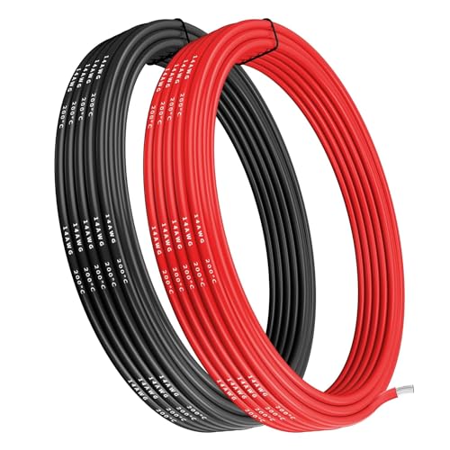 Gruiqrd Filo in silicone a 14 gauge 14AWG cavo elettrico 5 m, 2,5 m nero e 2,5 m rosso, flessibile, 400 fili, filo di rame stagnato ad alta temperatura da 0,08 mm per auto RC, marine, batterie