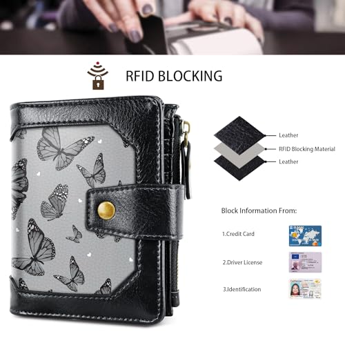 Image of Women Leather Wallet RFID Blocking Small Bifold Zipper Pocket Wallet Card Case Purse with ID Window, Black Butterfly