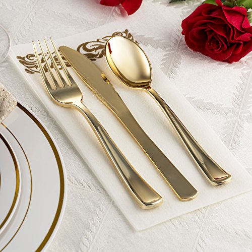 25 Guest Disposable Gold Party Dinnerware Set | Heavy Duty Plastic Plates & Silverware | Wedding Tableware Set Includes 50 Forks, 25 Spoons, 25 Knives, 25 Dinner Plates, 25 Dessert Plates (150 Pieces) #TOP3