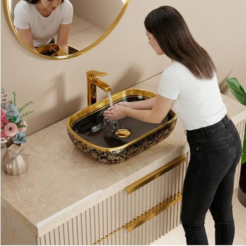 Image of BASSINO 18x13x5.5 Inches Table Top Washbasin /1 Year Warranty /Ceramic Wash Basin for Bathroom /Rectangular Shape Counter Top Wash Basin for Dining Hall /Living Room /Vessel Sink(Glossy Black & Gold)