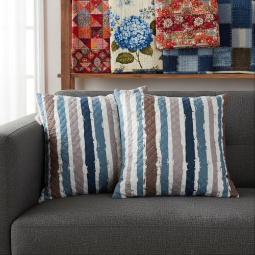 Image of STITCHNEST 'QuadraNest' Series Printed Quilted Velvet Cushion Cover 16x16 Inch Set of 2 | Premium Soft Fabric, Washable & Fade Resistant | Decorative Living Room Cushion Covers | Blue & Beige Striped