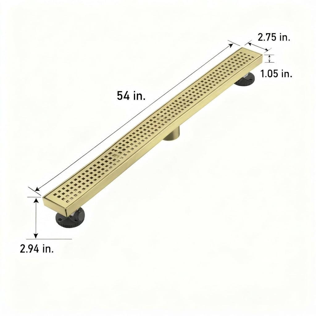 AVSIILE Liniowy odpływ podłogowy prysznicowy, szczotkowane złoto, 137 cm, zestaw odpływów łazienkowych ze stali nierdzewnej 304, długi prostokątny odpływ prysznicowy z kwadratowym wzorem, osłona