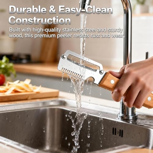 Image of VEWIOR 3 in 1 Multifunctional Vegetable Peeler, Stainless Steel Kitchen Peeler with Real Wooden Handle, Scallion Shredder & Bottle Opener, Upgraded Wide Teeth Sharp Peeling Blade Design (2)