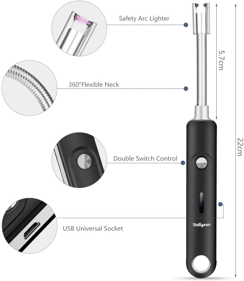 Electric Lighter Camping Lighter USB Rechargable Lighter for Candle, Windproof Flameless Arc Lighter with LED Battery Display Safety Switch, Long Flexible Neck for Cooking BBQs Cigar : Health & Household