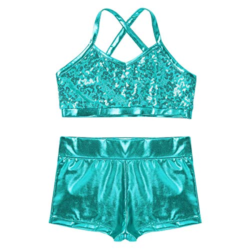 Kids Girls Dance Outfit Strappy Crop Top Sequin Dance Tank and Shiny Metallic Shorts Set Hip Hop Streetwear3