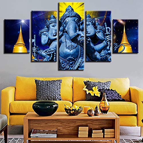 Follmax Quadro Su Tela 5 Pezzi - Lord Ganesha Elefante - Stampa Artistica HD Per Soggiorno - Decorazione Moderna (152,4 Cm)