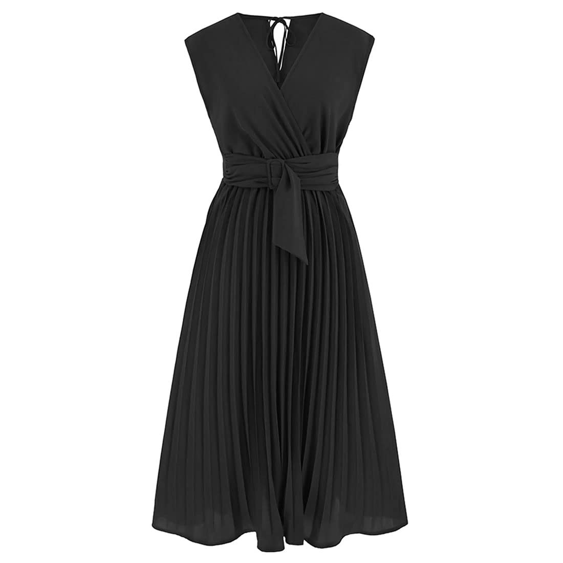 CHICWISH Women's Orange/Green/Black Sash Adorned Pleated Wrap Sleeveless Dress