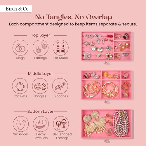 Image of Birch & Co. Jewellery Box - 3 Layer Jewellery Organizer Storage Box, Portable Travel-Friendly Storage. Elegant Storage Case for Rings, Earrings, Necklaces & Bracelets, Pink