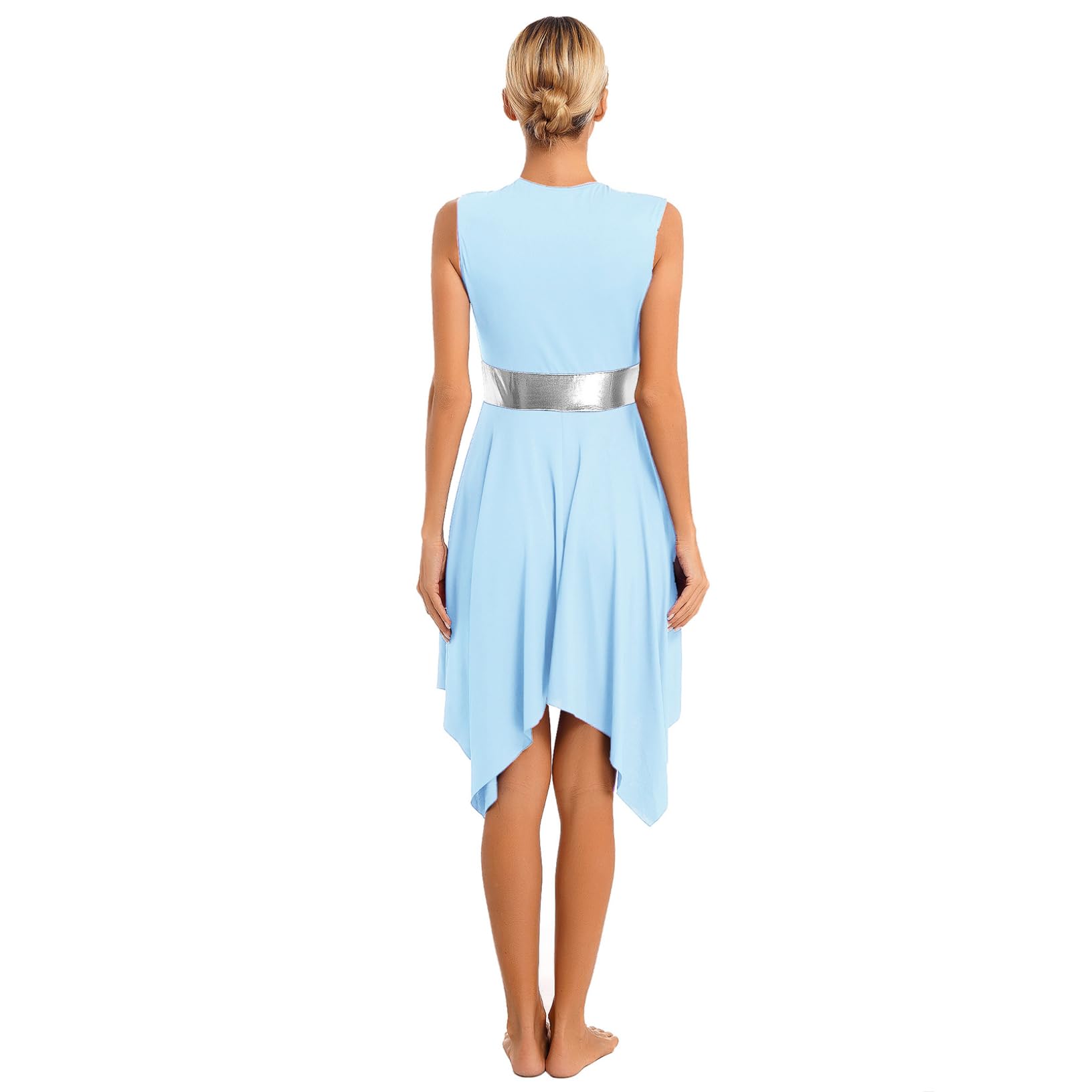 YEAHDOR Women's Asymmetrical Liturgical Praise Dance Dress Sleeveless Color Block Robe Dress Worship Lyrical Dancewear Light Blue Medium