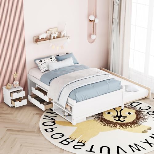 Full-Size-Storage-Bed-Solid-Wood-Bed-with-Trundle-Under-Bed-Storage-Box-of-2-Drawers-Shelves-and-NightstandWhite Full Size Storage Bed Solid Wood Bed with Trundle Under Bed Storage Box of 2 Drawers Shelves and NightstandWhite