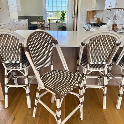 Image of PURPLE LEAF French Counter Height Bar Stool Set of 2 25 inch White Print Finish Patio Bar Chairs with Back Rattan Bar Chairs French Bistro Set for Kitchen Outdoor Counter Stool Brown