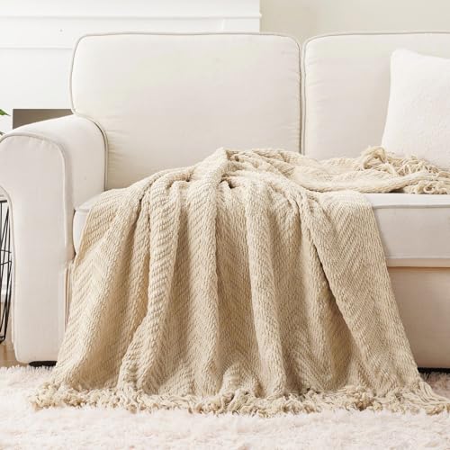 Image of BATTILO HOME Beige Throw Blanket for Couch, Knitted Beige Throw for Bed, Neutral Throw Blankets Tan Throw Blanket for Room Decor Housewarming Gifts, 50 inch x 60 inch