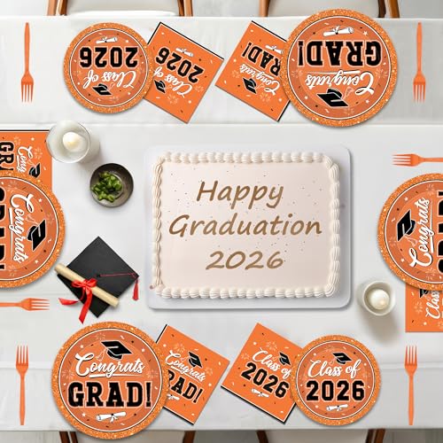 Image of QZYL 50 Set Graduation Supplies 2026, Orange Graduation Plates and Napkins, Disposable Dessert Plates and Plastic Forks, 200Pcs Grad Party Tableware for Wedding, Birthday, Graduation