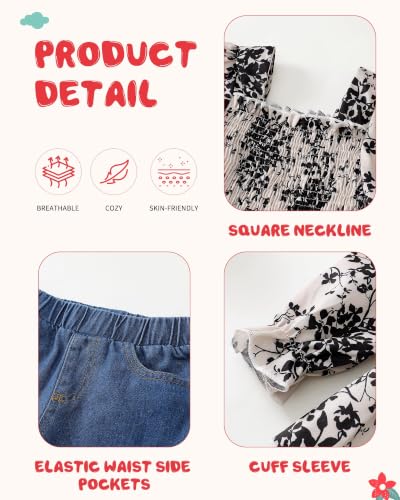 Image of Kucnuzki Toddler Kids Girl Clothes Long Sleeve Shirt Tops Baggy Jeans Cute Pants Set Baby Girl Outfit 2 Piece Clothing