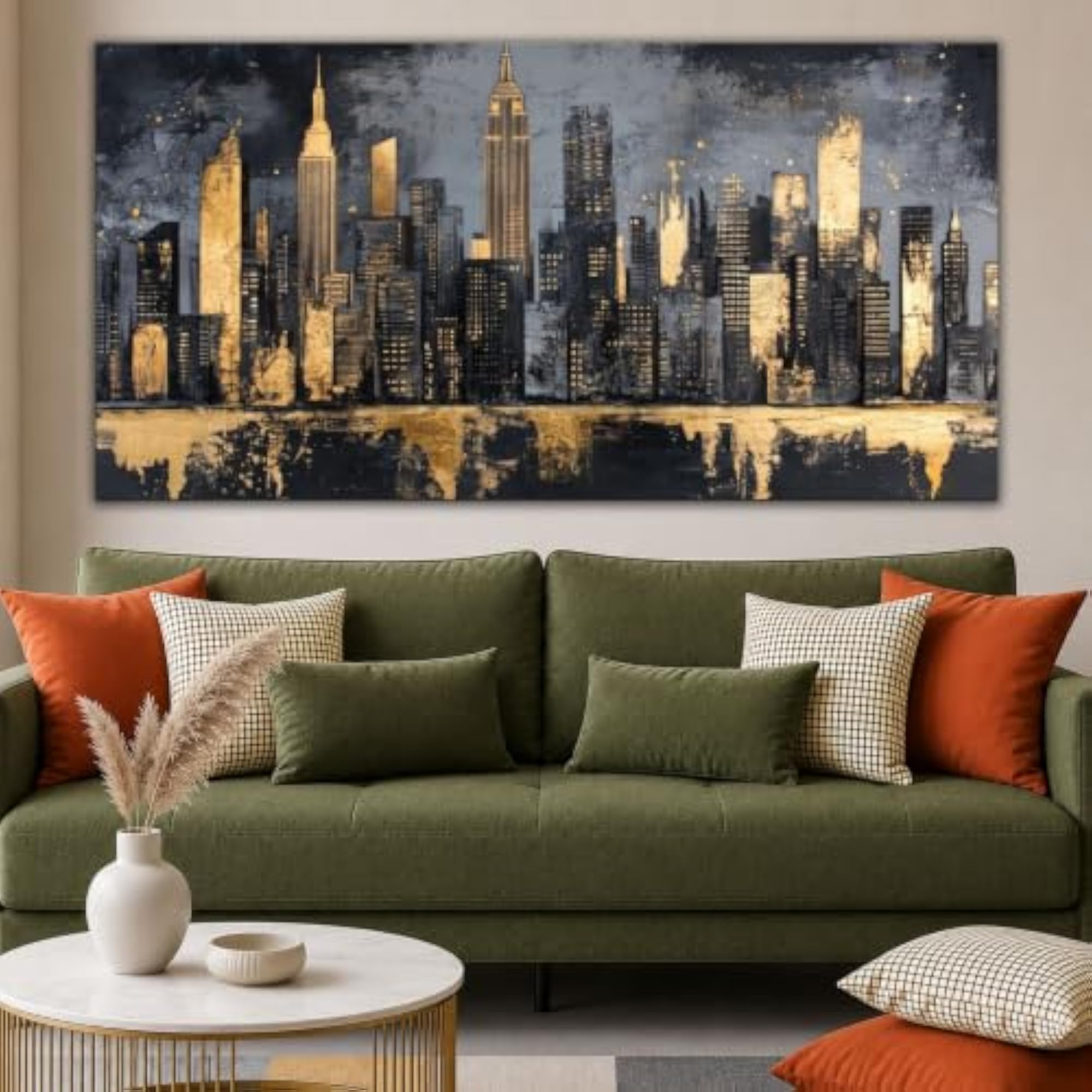 New York City Skyline Wall Painting with Wooden Frame