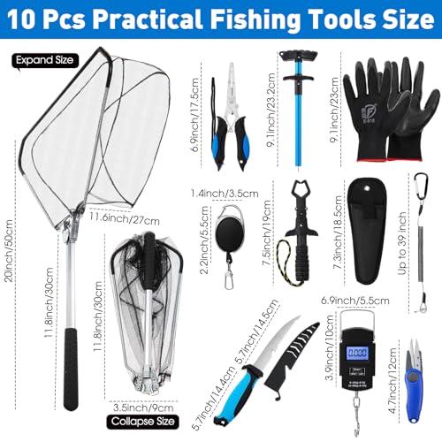 Image of RoundFunny 10 Pcs Fishing Tool Kit, Fishing Pliers with Lanyard and Protective Sheaths, Landing Net, Fillet Knife, Fish Scale, Gripper, Hook Remover, Braid Scissors, Gloves for Men Dad Gift