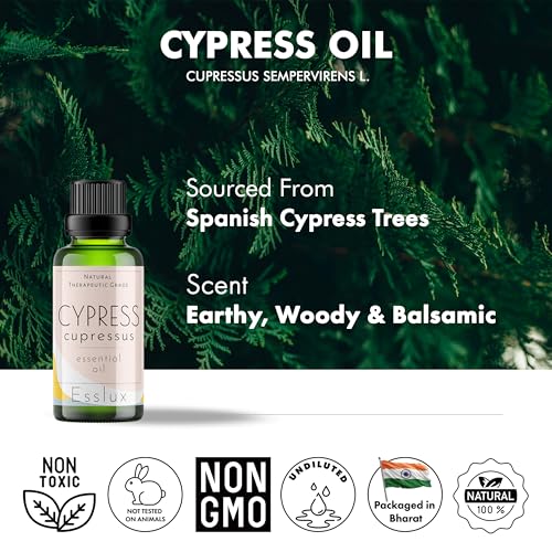 Image of Esslux Cypress Essential Oil | 100% Natural Cypress Oil for Aromatherapy & Diffusers | Supports Varicose Vein Care | Ideal for Soap Making, DIY Projects, and Relaxing Scents, 90 ML