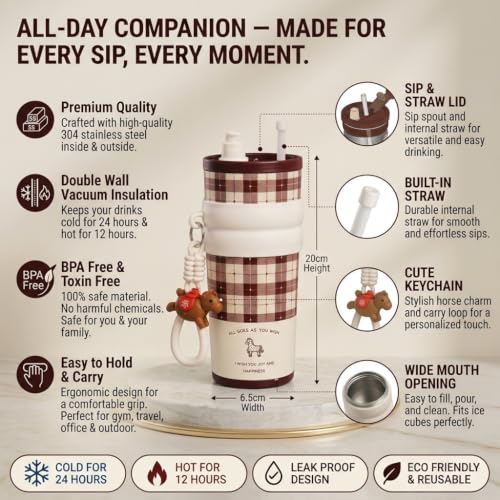 Image of DAZUFIO 710ML Insulated Tumbler with Straw & Lid | Stainless Steel Travel Mug with Handle | Leakproof BPA Free Sipper Bottle for Office Gym Travel | Hot Cold Coffee Cup - Horse Print