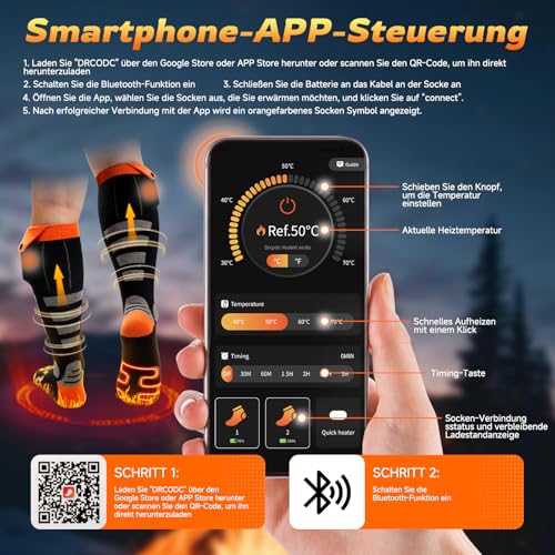 Gaeymy Beheizbare Socken, 5000mAh x 2 Akku Heizsocken mit APP Steuerung, Fußwärmer Elektrisch Beheizte Damen Herren, Wiederaufladbare Wärmende Heizung 4 Temperatur für Skifahren Radfahren Camping