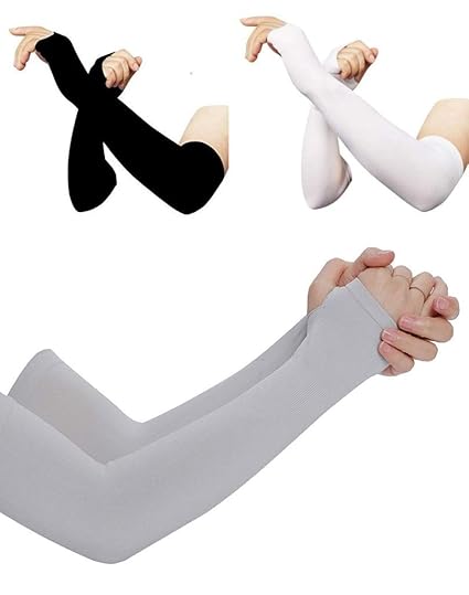 TENDSY Arm Sleeve Cooling or Warmer Sleeves UV Protection for Men Women Kids Sunblock Protective with Thumb Hole for Biking Gardening Fishing Hiking Running - Pack of 3 -Black ,Grey and White