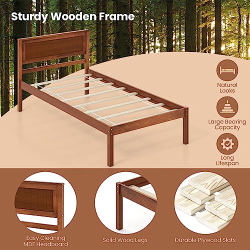 Image of GIANTEX Twin Bed Frames with Headboard, Solid Wood Platform Bed with Wood Slat Support, Single Bed with 16 inch Under Bed Storage, Twin Bed Frames for Kids Adults Guests, Easy Assembly, Walnut