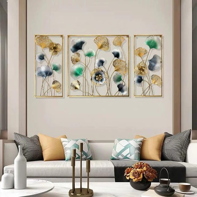 Image of ZOVE Metal Wall Art Set of 3 - Flower & Leaf Design | Home, Hotel, Restaurant, Living Room Decor | Handcrafted Decorative Panels (Size: 60 x 30 Inch, Multicolor)