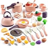 60Pcs Kids Mini Play Kitchen Accessories, Pretend Cooking Play Set with Cookware, Tableware & Fruit & BBQ Sets, Learning Gift for Boys, Girls, Toddlers,Pink