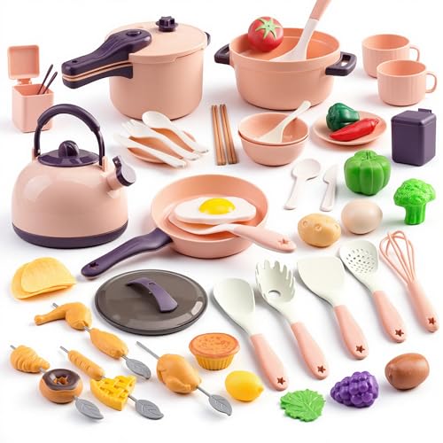 60Pcs Kids Mini Play Kitchen Accessories Pretend Cooking Play Set with Cookware Tableware & Fruit & BBQ Sets Learning Gift for Boys Girls Toddlers Pink