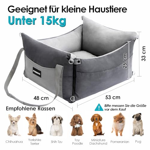 Hundesitz Auto für Kleine & Mittlere Hunde Unter 15KG, Tragbares Hundekorb mit Ausziehbarer Ruhebereich, Abnehmbarer und Waschbarer Auto Reise Hundebett mit Staufächern und Sicherheitsgurt