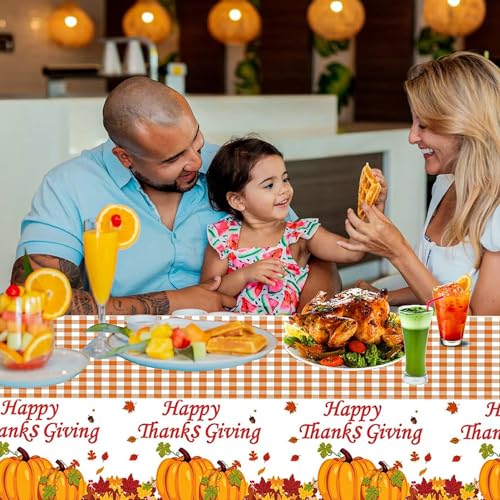 2 Pack Happy Thanksgiving Tablecloth, Fall Pumpkin Maple Leaves Plastic Table Cloth Autumn Disposable Rectangle Plaid Table Cover for Thanksgiving Day Tables Decor Party Decorations, 54x108 Inch - image 6