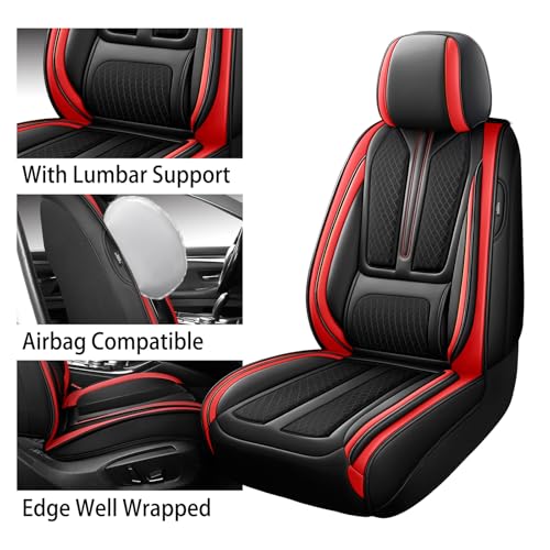 Image of Seat Covers for Front Seat,Nappa Leather Car Seat Covers,Waterproof Universal Fit Car Seat Cushion,2 PCS Automotive Seat Protector for Most Sedans SUV Pick-Up Truck Sedans,Black&Red