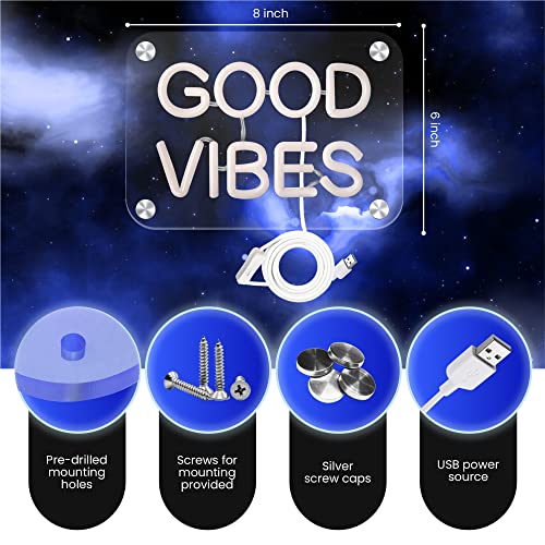 Image of WHITE-LED-GOOD VIBES-NEON SIGNS-NEON LIGHTS-WALL DECOR-BEDROOM DECOR-USB POWERED (6 inch X 8 inch) (Good Vibes)