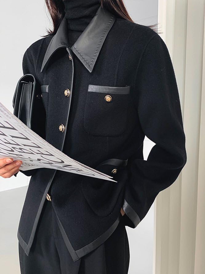 UOOZEE Women's Long Sleeve Button Down Wool Coats Faux PU Leather Jackets 2025 Blazer Outwear with Pockets