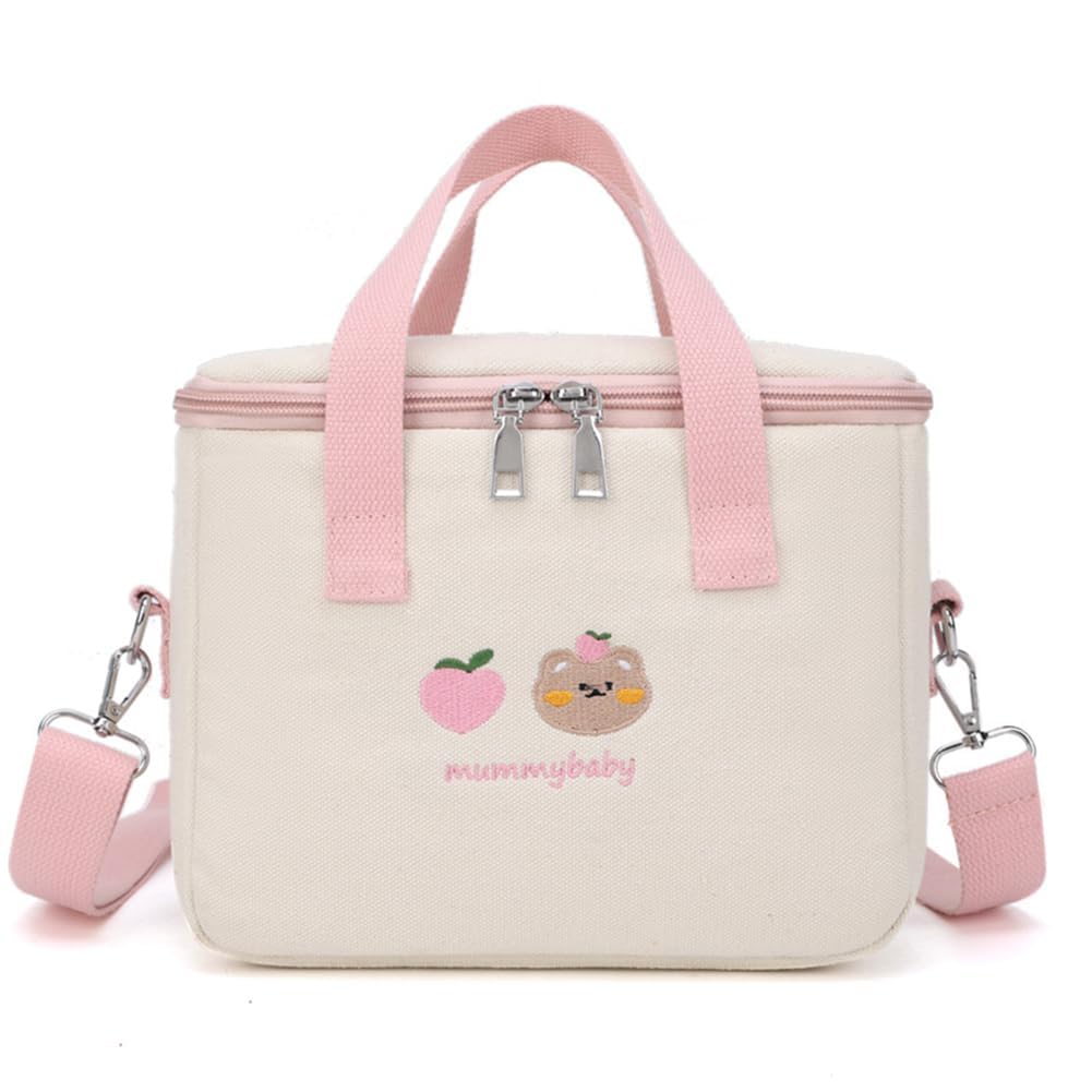 EHOTER Cute Lunch Bag for Girls Insulated Lunch Bag Box Large Capacity Carry-on with Handle and Strap, Kawaii Lunch Box for Kids Teen Women Work School Gifts Easy To Carry for Camping (Pink)