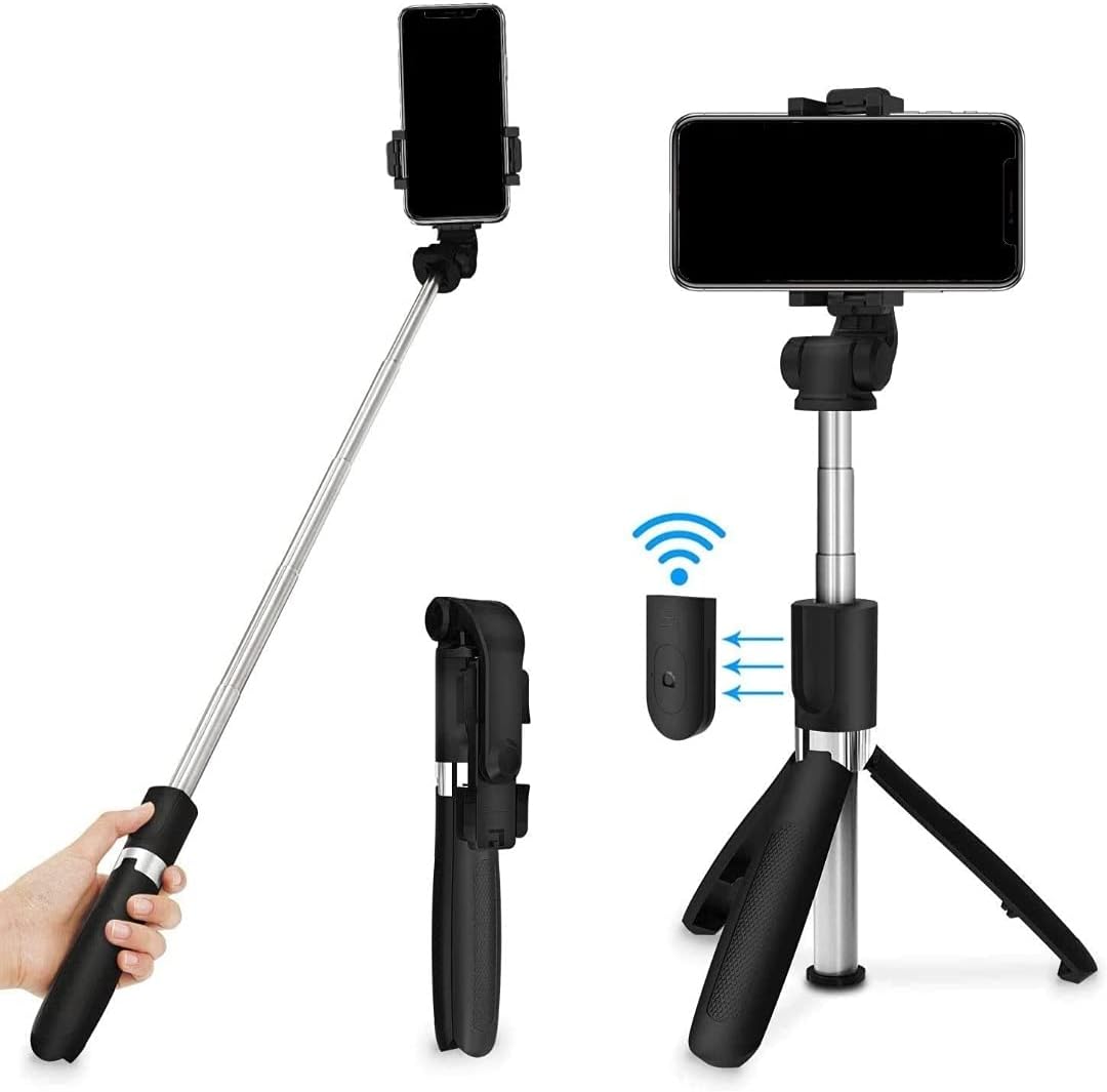 US1984 Bluetooth Extendable Selfie Sticks with Wireless Remote and Tripod Stand, 3-in-1 Multifunctional Selfie Stick with Tripod Stand Compatible with All Phones (Black)