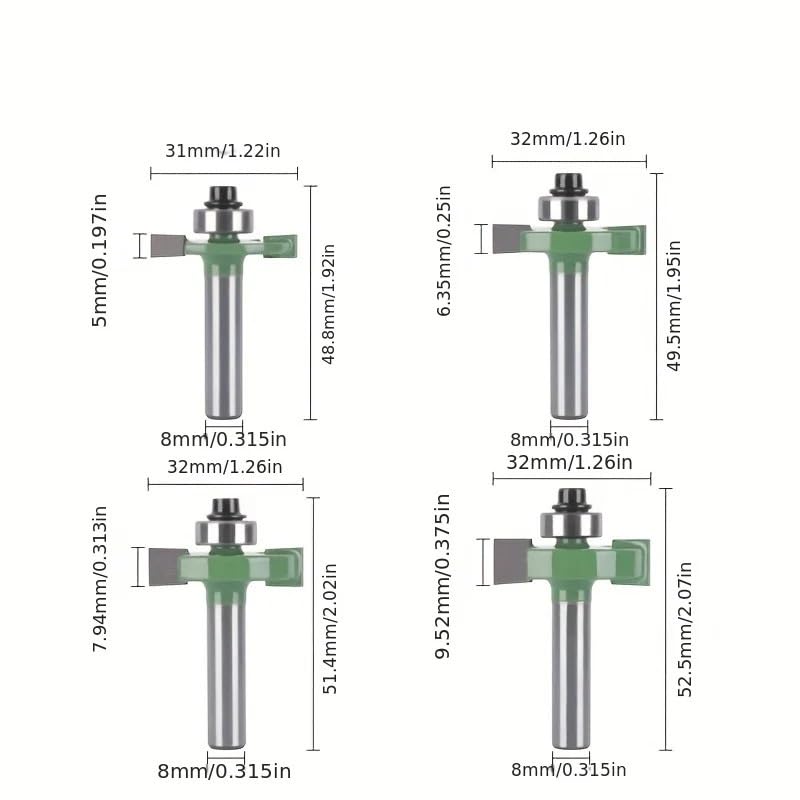 4-teiliges 5-teiliges 8x32-mm-T-Nut-Fräser-Set mit Kugellagern, Wolframcarbid-Grooving-Kit for die Holzbearbeitung, CNC-Schrankwerkzeuge(4pcs)