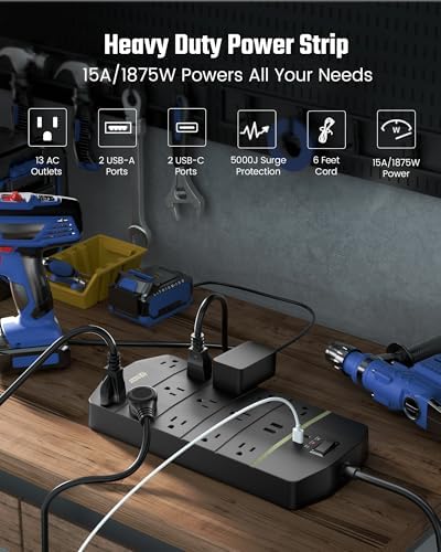 SUPERDANNY Power Strip Surge Protector 5000J, 6.5FT, 15A, PD 20W, 13 AC