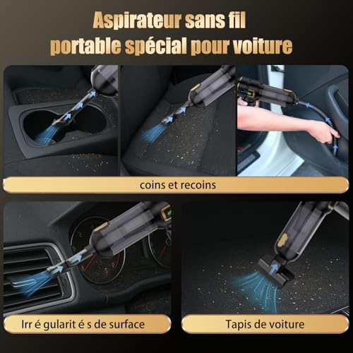 Aspirateur à Main Rechargeable, aspirateur sans Fil Puissant de 27000 PA, Vitesse de Rotation de 220000 Tours/Minute, adapté au Nettoyage des Voitures, des Bureaux et des Poils d'animaux – Image 4
