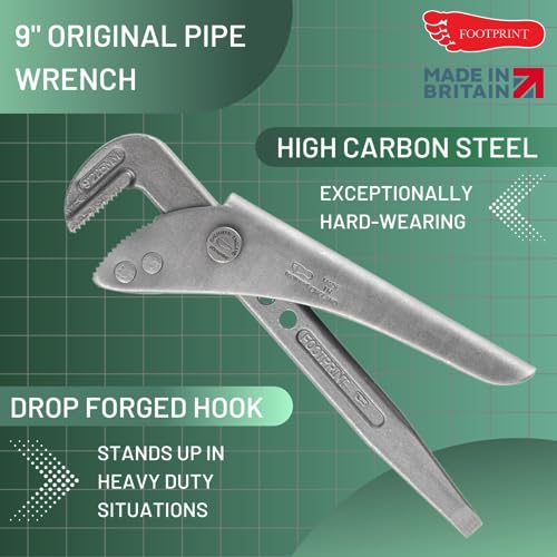 Footprint Original Adjustable Pipe Wrench - 9 Inch/225mm Heavy Duty Strong and Rigid Drop Forged High Carbon Steel Pipe Grips/Spanner. Essential Plumbing Tools. for Plumbers and Heating Engineers.