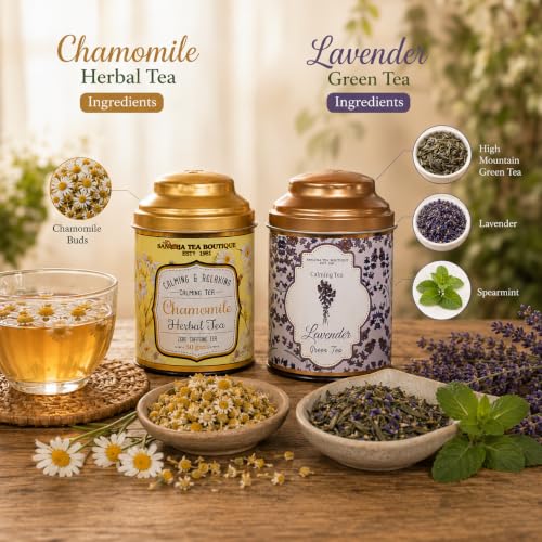Image of Sancha Tea Boutique, Tea Combo Pack: Chamomile Herbal (50g) & Lavender Green Teas (100g), Loose Leaves, Naturally Calming & Relaxing Tisanes