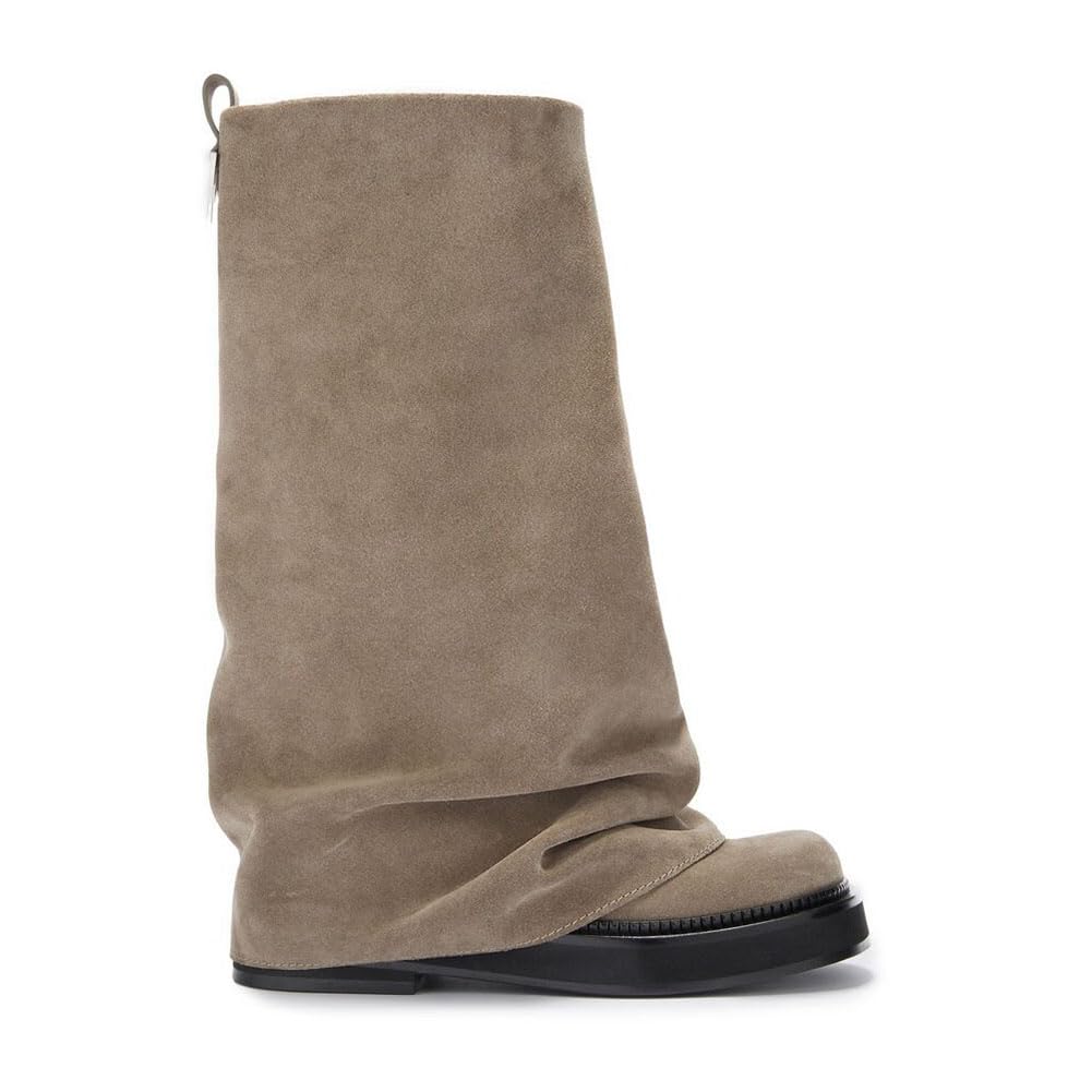 Platform Boots for Women Wide Calf Slouchy Mid Calf Fold Over Shark Boots Pull on Chunky Heel Pleated