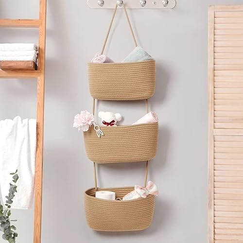 AARAINBOW Wall Hanging Cotton Baskets - Large 3 Tier Decorative Baskets for Wall, Nursery, Bathroom (B-Brown) - Cosy Home Interiors AARAINBOW Wall Hanging Cotton Baskets - Large 3 Tier Decorative Baskets for Wall, Nursery, Bathroom (B-Brown) - Image 2