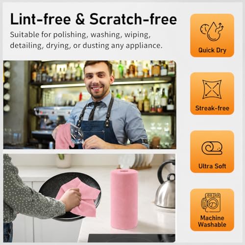 Image of Misamo Enterprise Microfiber Cleaning Cloth Roll, 25x25 cm, Reusable Tear-Away Towels, 20 Pack (Pink, Pack of 1)