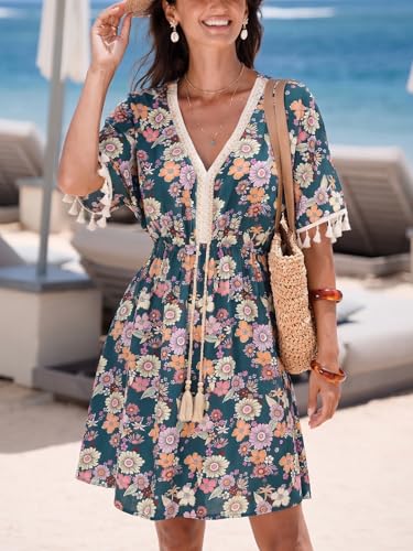 Image of CUPSHE Women Tassel Trim Summer Dress V Neck Lace Short Sleeve Paisley Boho Casual Sundress Holiday Beach Mini Dress