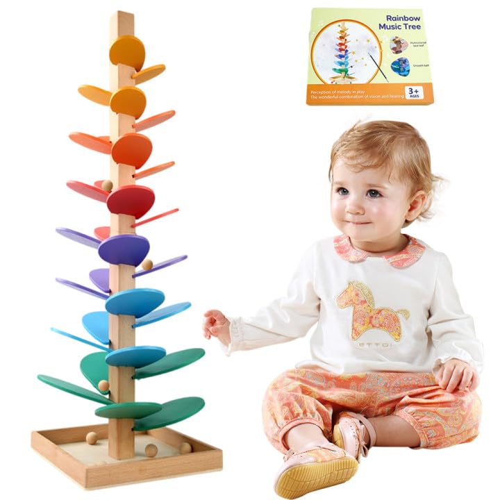 Hojalis Music Tree Wooden Marble Run, Wooden Rainbow Tree with 1 Base, 10 Bead, Montessori Sound Trees for Kids, Colorful Rolling Ball Tower, Rainbow Ball Tower for Girls and Boys